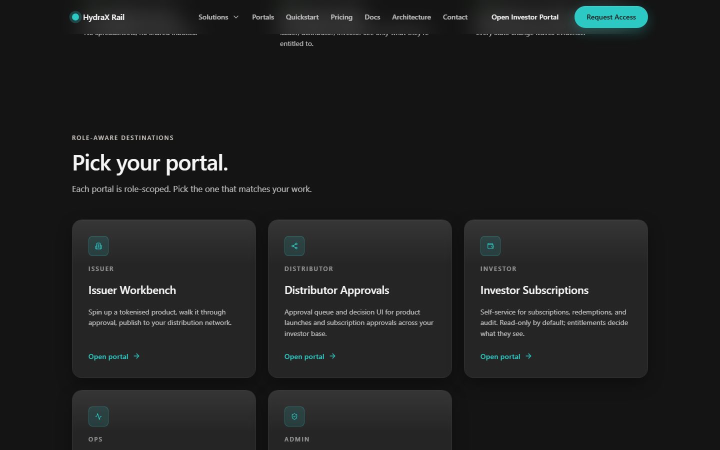 HydraxRail portal picker with Issuer, Distributor, Investor, Ops, and Admin destinations
